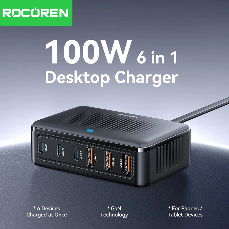 Rocoren USB Charger GaN 100W 6-ports Desktop Fast Charging Station Portable Power Station Type C For iPhone 17 Xiaomi Samsung
