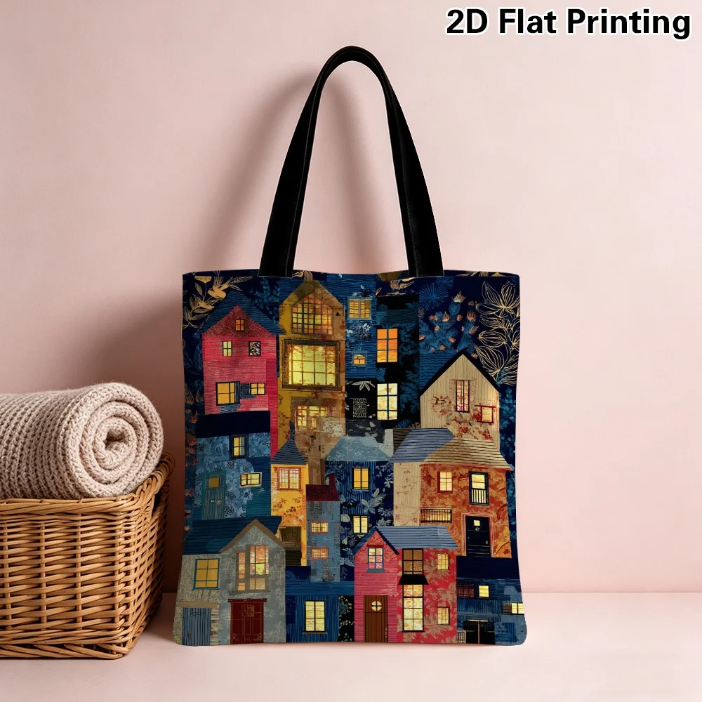 1pc Tote Bag, Fashionable Reusable Grocery Bags, Colorful Houses Pattern Printed, Comfortable Shoulder Straps