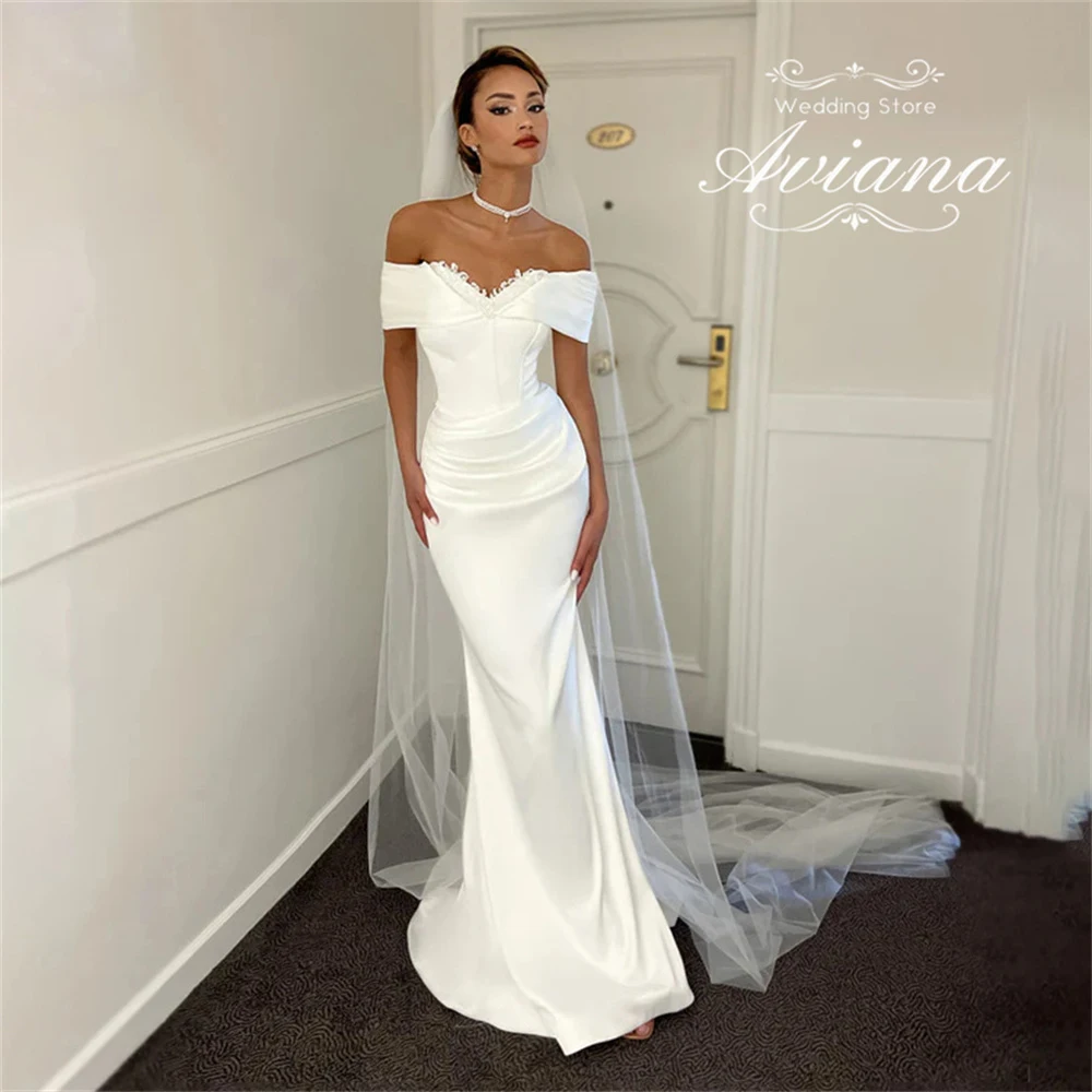 

Customized Aviana V-Neck Off The Shoudler Mermaid Wedding Dress Lace Embroidery Floor Length Court Train Simple Elegant Stain