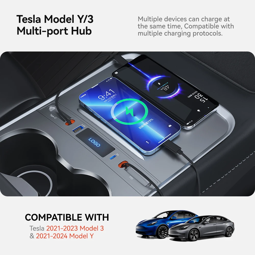 

YZ For Tesla Model 3 Y 2023 27W Quick Charger USB Shunt Hub Intelligent Docking Station Car Adapter Powered Splitter Extension