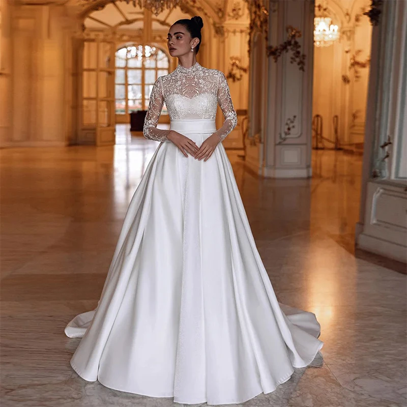 

Graceful Wedding Dress Satin With Embroidered Lace A-Line Ballgown Fullsleeve High-Neck Bride Dress Customized Robe MariéE Satin