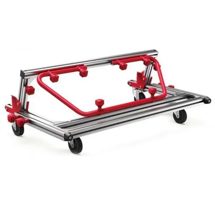 Large tile handling tool with foldable trolley for transporting large glass, can be used in conjunction with a flatbed elevator