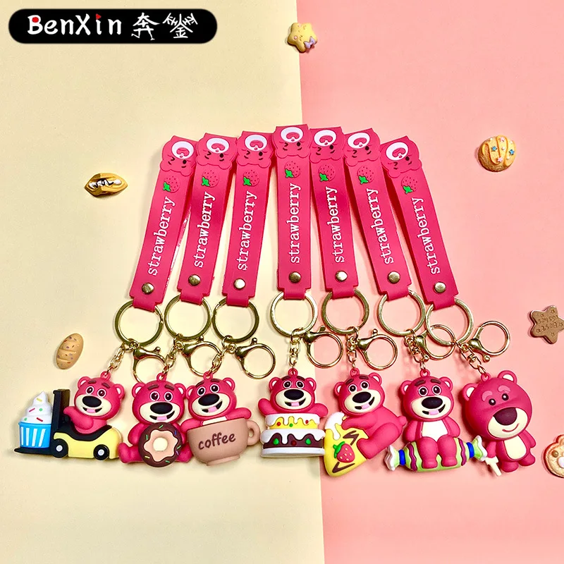 miniso cute strawberry bear hug dessert keychain bag pendant Cartoon car key chain