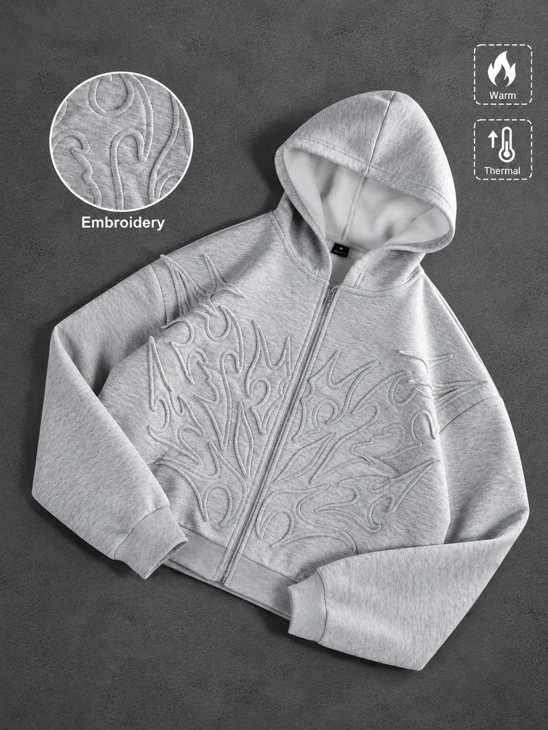 Brand Men's Zip Up Hoodie 3D Flame Embroidery Thermal Streetwear Cropped Hooded Jacket Halloween Sweatshirt S-2XL