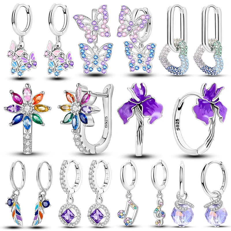 New Original 925 Sterling Silver Hoop Earrings Purple Zircon Flowers Butterflies Studs Earring For Women Wedding Engagement Gift