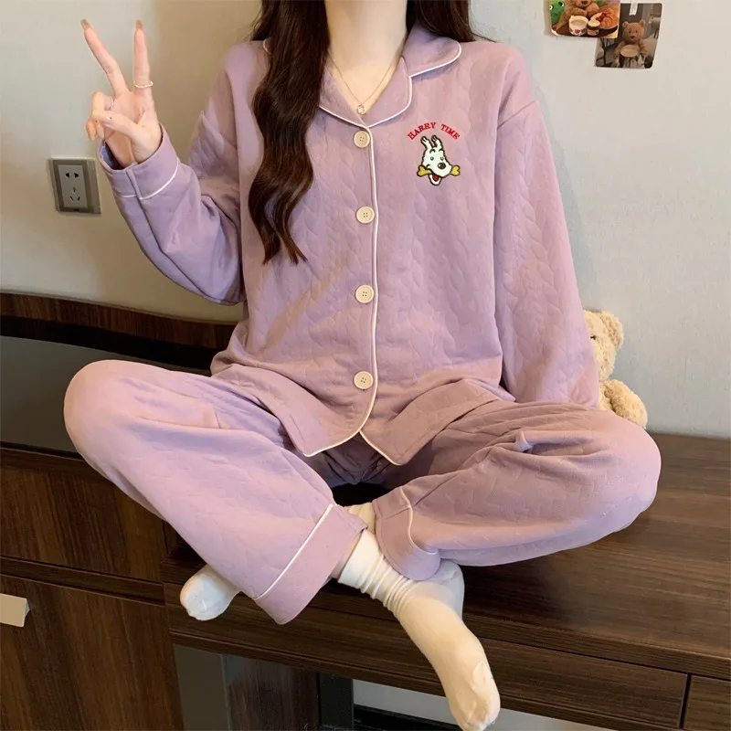 

Letter Dog Kawaii Embroidery Fashion Nightwear for Women Y2K Long Sleeve Lapel Neck Pajamas Set Autumn Winter 2 PC Set Pajamas