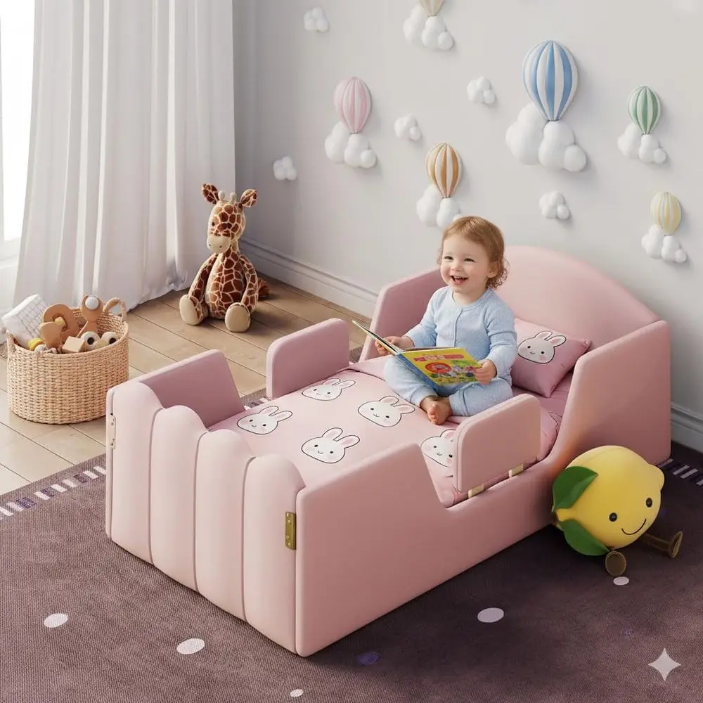 Pink Toddler Bed with Extra Safety Rails, Crib-Sized, Certified Fabric