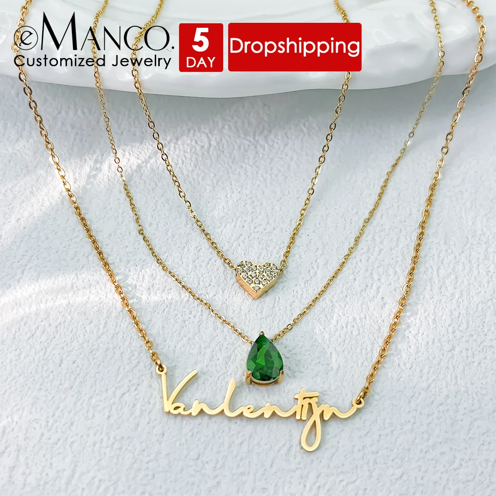 

eManco High Quality Stackable Name Necklace Stainless Steel Diamond Heart Pendant Personalized Women's Jewelry Factory Direct