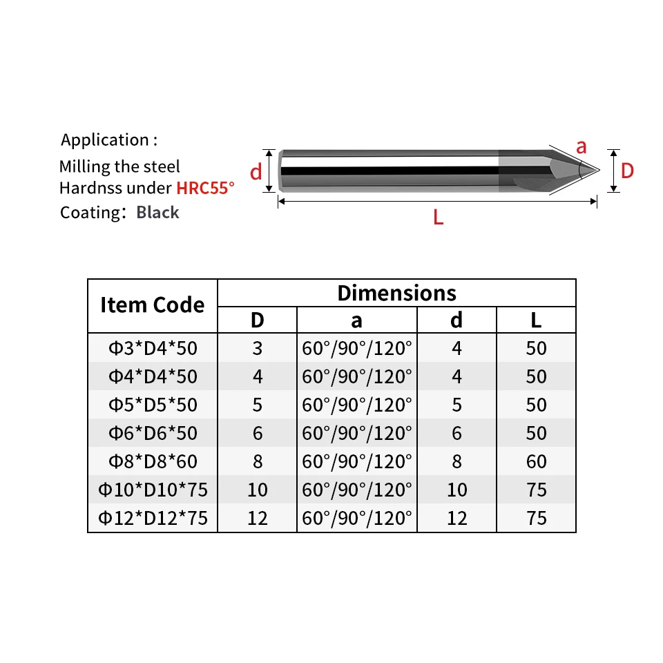 VACK 60°  90° 120° Chamfer End Mill 3-12mm Carbide Chamfering Milling Cutter V Router Bit Metal Cutters CNC Machine Tool Part