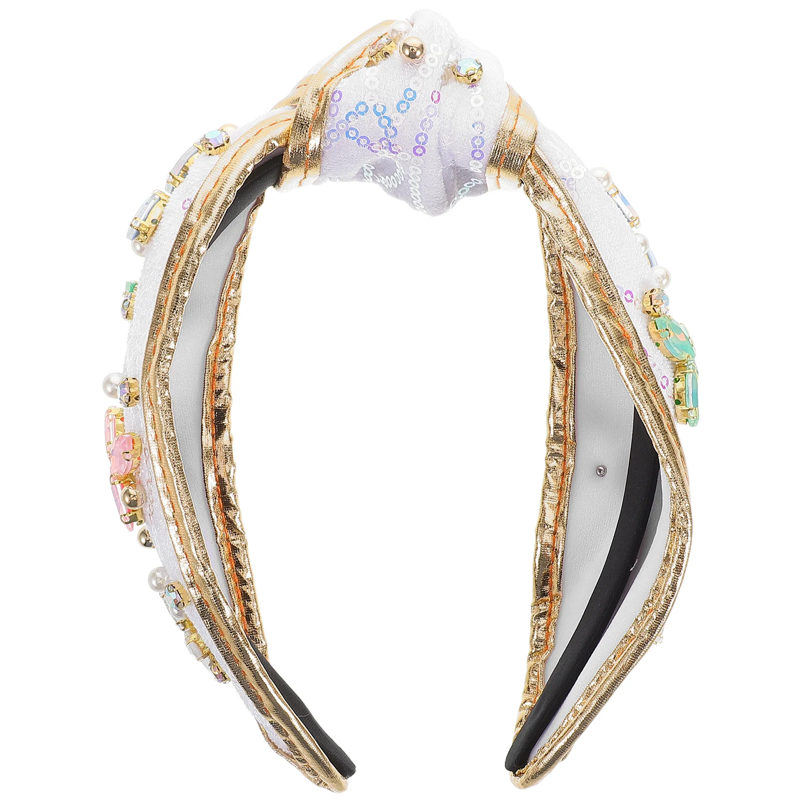 

Elegant Wide Knotted Headband For Women Gold Trim Sparkling Rhinestone Beaded Embellishments Dressy Hair Accessory Party Wedding