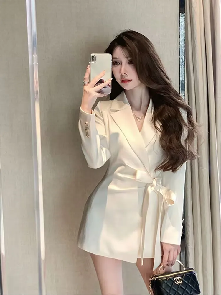 Solid Color 2026 Autumn New Korean Style Slimming Belted Blazer with Waist-Cinching Design for Women Lace-Up Jacket White Black view 6