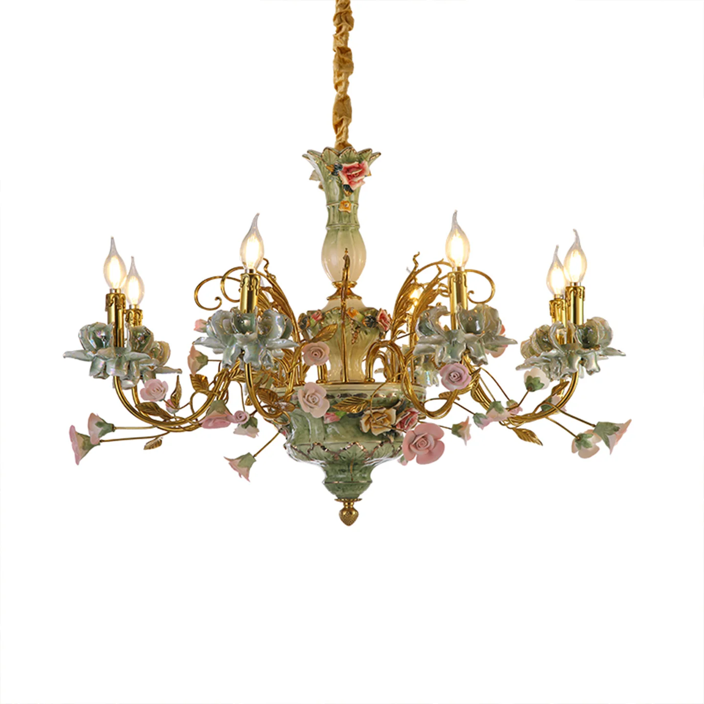French Neo Classic Ceramic Flower Aesthetic Design Living Room Indoor Copper Chandelier Dining Table Bedroom Pendant Lamp