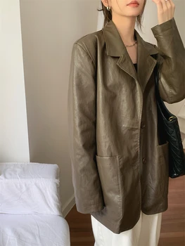 2Colors Women Fahion Chic Faux Leather Jacket Women's Brown Spring Autumn 2024 Casual Pu coats Womens (O8494