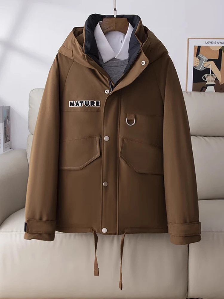 

Теплая и удобная мужская пуховая куртка с капюшоном, увеличенный размер, повседневный стиль, брендовая, молодежная, однотонная верхняя одежда