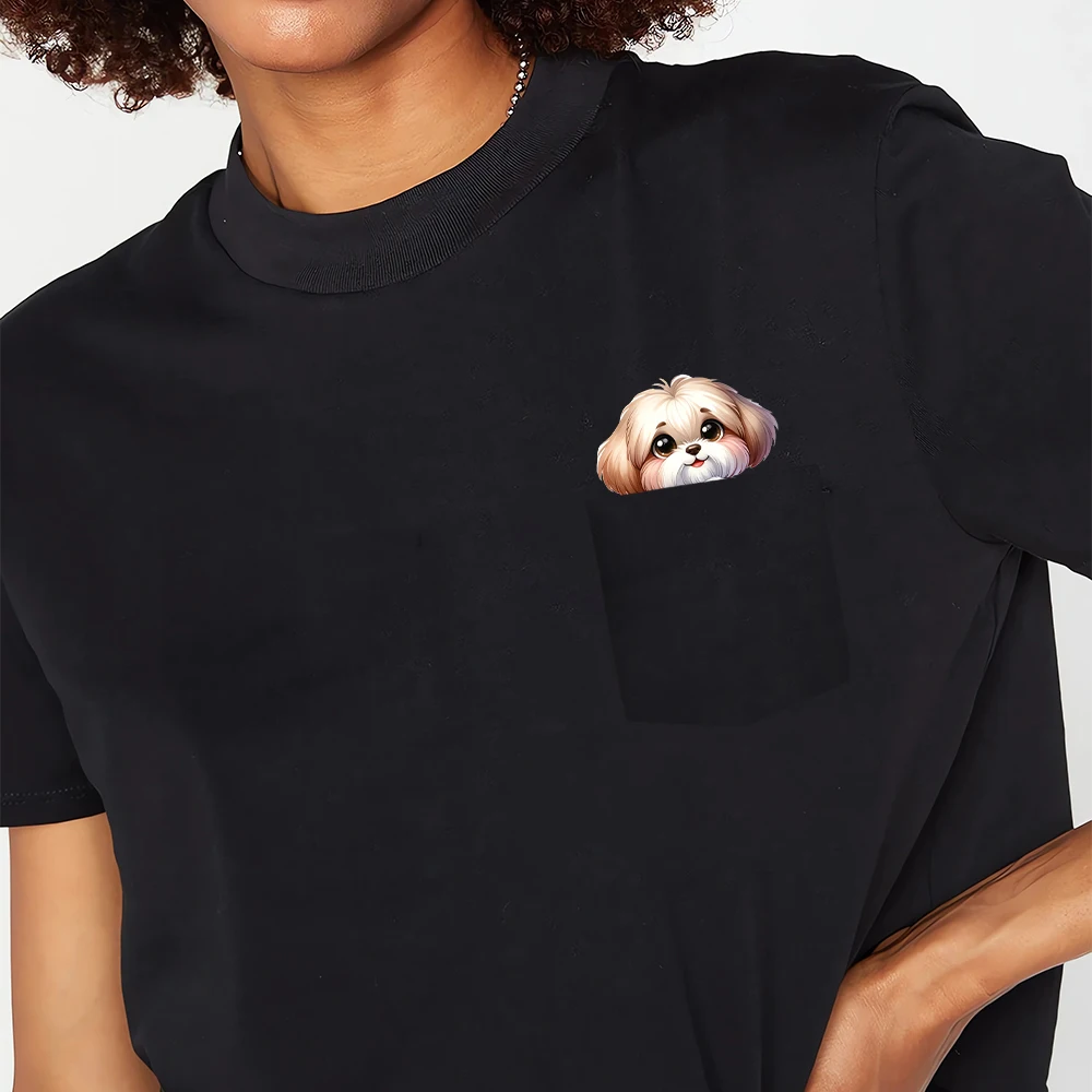 CLOOCL Shih Tzu Cotton T-Shirts Cute Dogs Hand Heart Gesture Printed Pocket T-shirt Women Short Sleeve Shirts Hip Pop Tops