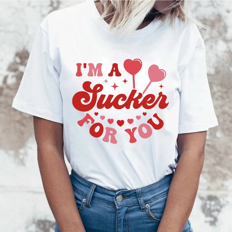 

(High quality T-shirts)Women Fashion Summer T Shirts Valentine'S Day I'M A Sucker For You Letter Print T-Shirts Female tops