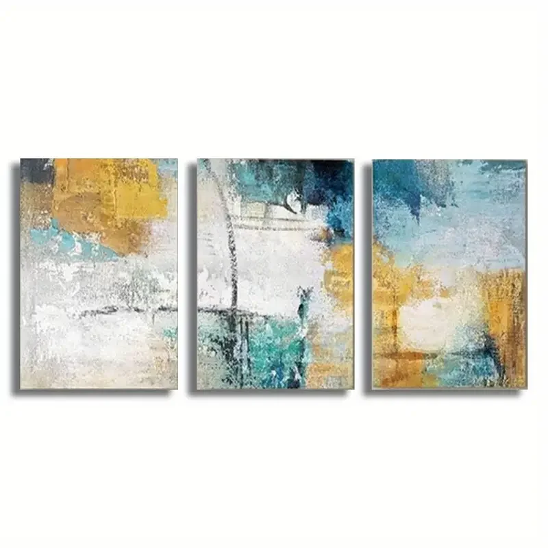 Arte de pared para sala de estar, lienzo azul azulado y mostaza de gran tamaño, pintura abstracta moderna, imagen gris turquesa, 3 piezas