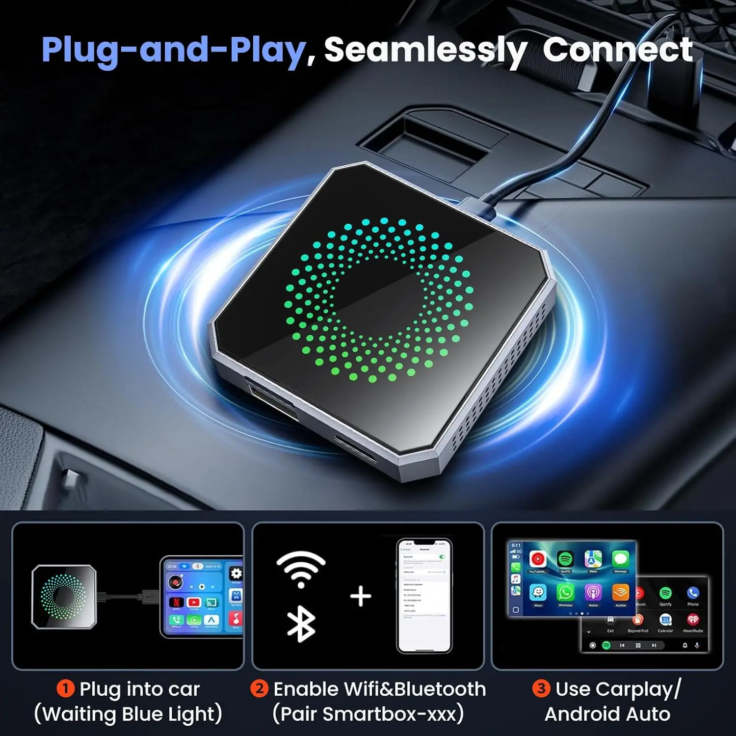 Wireless CarPlay and Android Auto adapters, compatible with Netflix and YouTube. The CarPlay AI box comes with USB-A and USB-C cables, suitable for iPhone and Android devices, converting a wired connection to wireless CarPlay streaming in your vehicle.