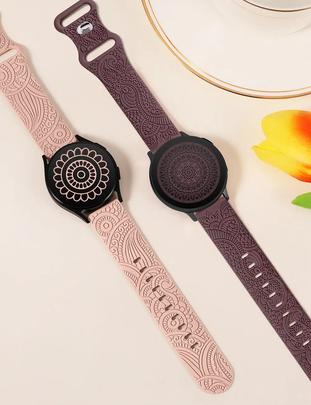 Wearlizer 2 Pack 20mm Floral Engraved Band For Samsung Galaxy Watch 7/6/5 40mm 44mm Silicone Strap for Watch 6 Classic/Active 2