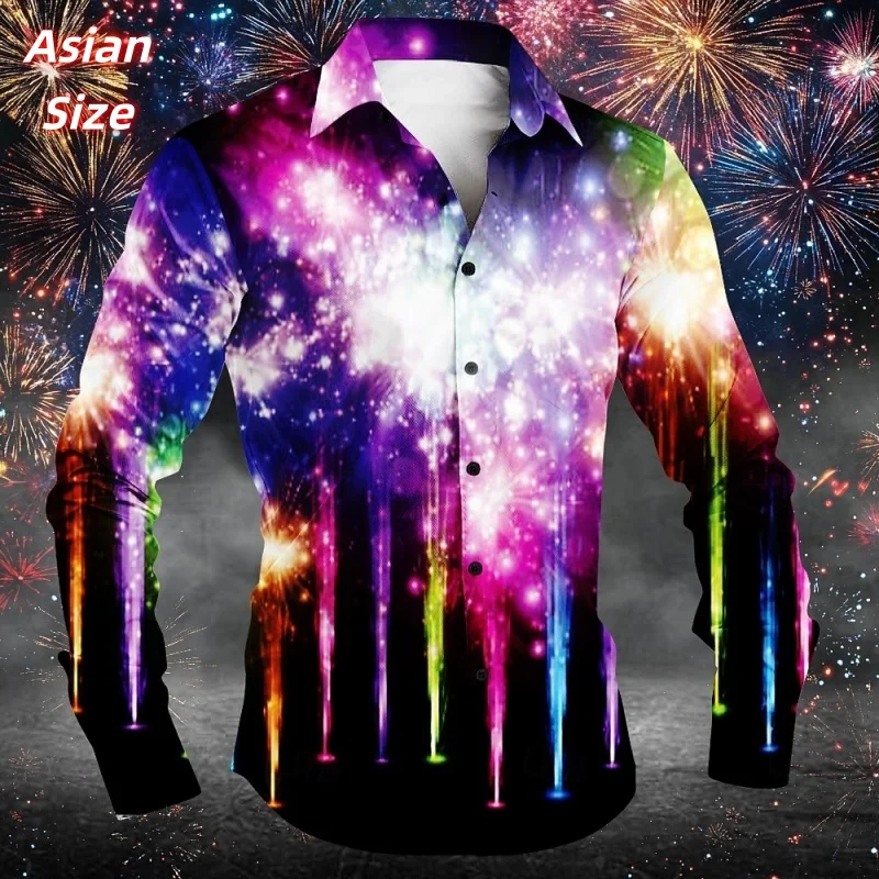 

Разноцветные гавайские рубашки с пиротехническим узором для мужчин, новогодние неоновые рубашки Aloha с 3D принтом, повседневные топы, блузки с длинными рукавами