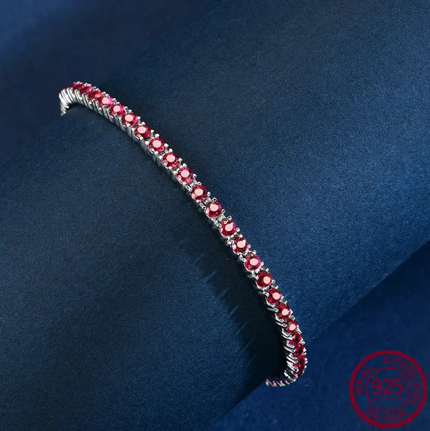 

New S925 pure silver round 2.5mm red blue green treasure European and American simple fashion bracelet 15-20cm wedding jewelry