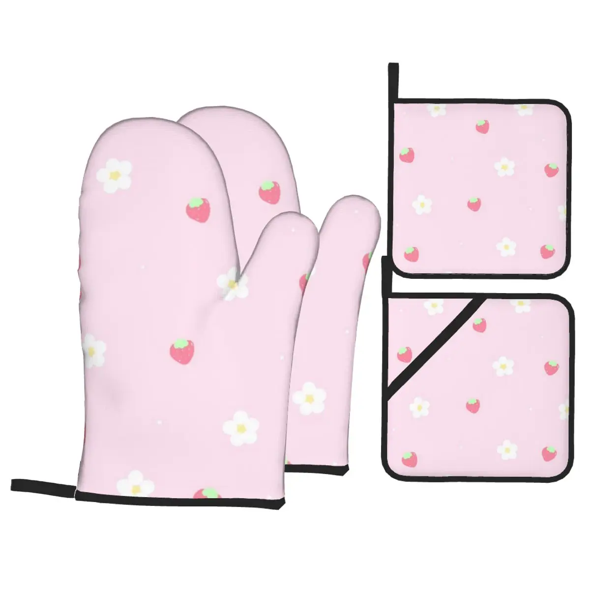 

Cute Daisy Strawberry Pink Insulation Four-Piece Set Gloves and Pad Anti Slip Anti Scald Oven Gloves Kitchen Baking Tools