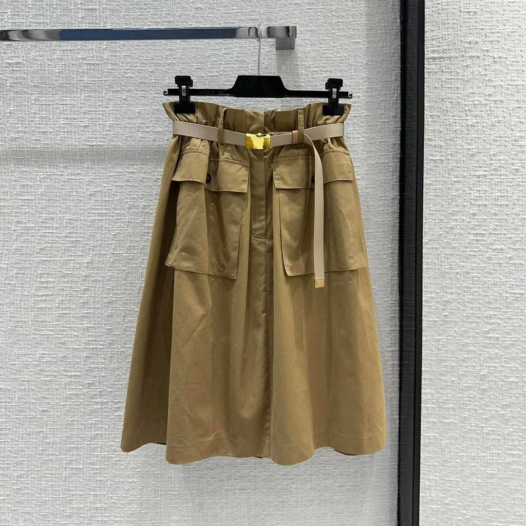 

2024 New Fashion All-matched A-line Long Skirts Womens High Waist Buckle Belt Big Pockets Khaki Safari Style Casual Chic Skirt