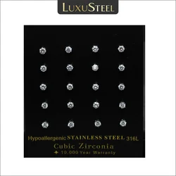 LUXUSTEEL-10 pares de pendientes de cristal para mujer, de acero inoxidable Chapado en plata, redondos de Circonia cúbica, regalo fino para niñas de 3 a 10mm