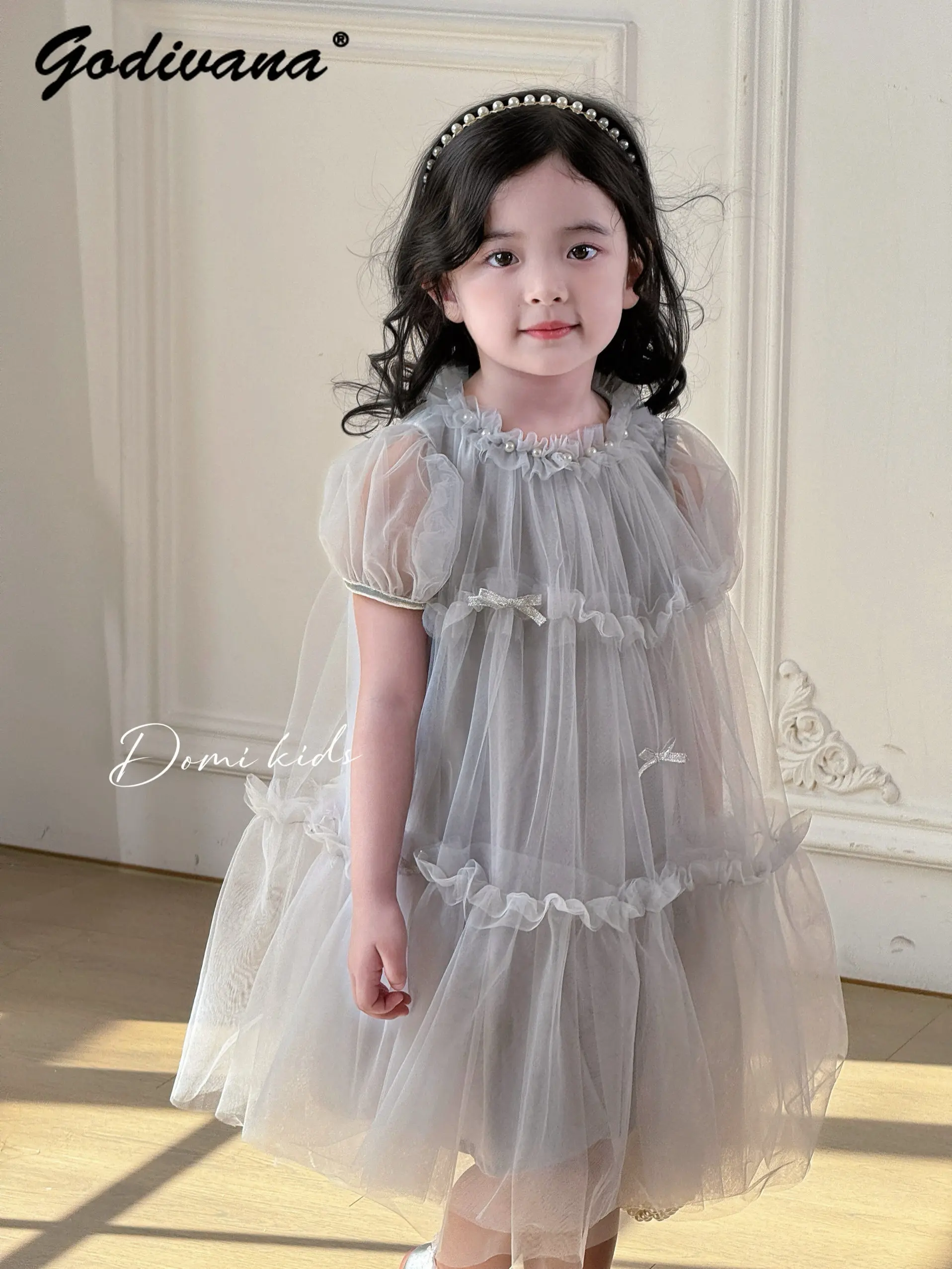 

Baby Girls Sweet 2026 New Summer Gray Pearl Collar Bow Mesh Princess Dress Kids Puff Sleeve High Waist Birthday Party Tulle Gown