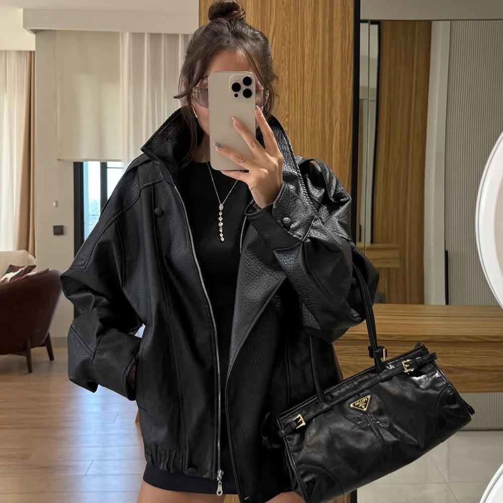 Tuularose Stand Collar Women Jacket Full Sleeve Double Button Solid Female Leather Jackets Autumn Fashion High Street Outerwear