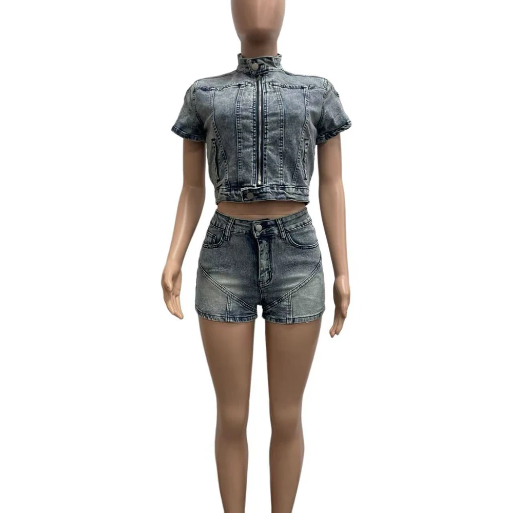 Modische Gewaschene Stretch-Denim-Motorradjacke und Shorts 2-Teiliges Set für Sommer 2026 Damen Lässige Jeans-Outfits Zweiteiler – Detail 4