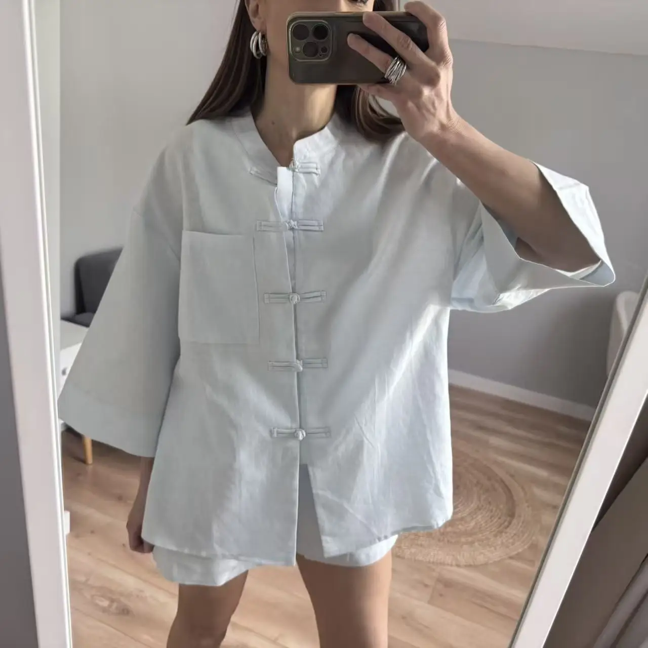 Women's Chinese Style Button-Up Shirt and Shorts Set