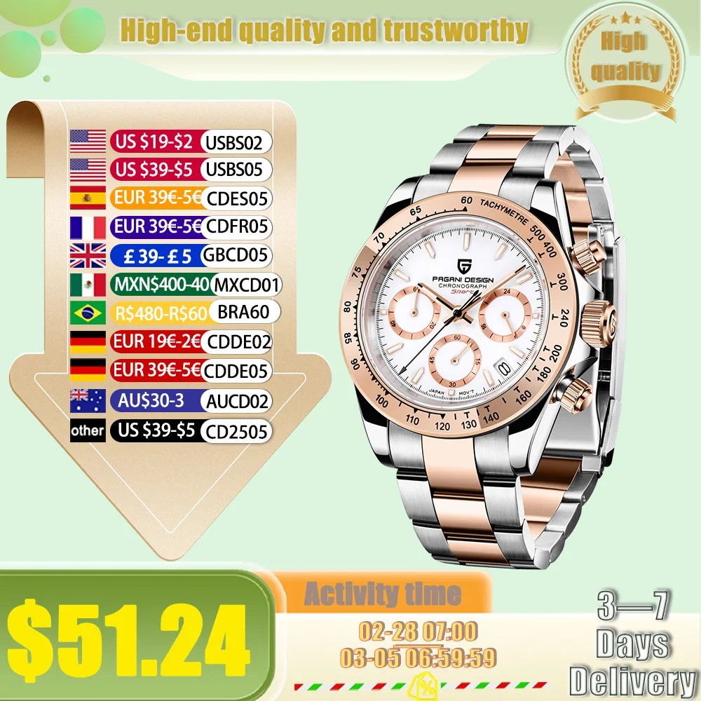 PAGANI DESIGN Herrenuhren Roségold Quarz Armbanduhr Luxusuhr für Herren Chronograph 100M Wasserdicht VK63 Movt Clock Man