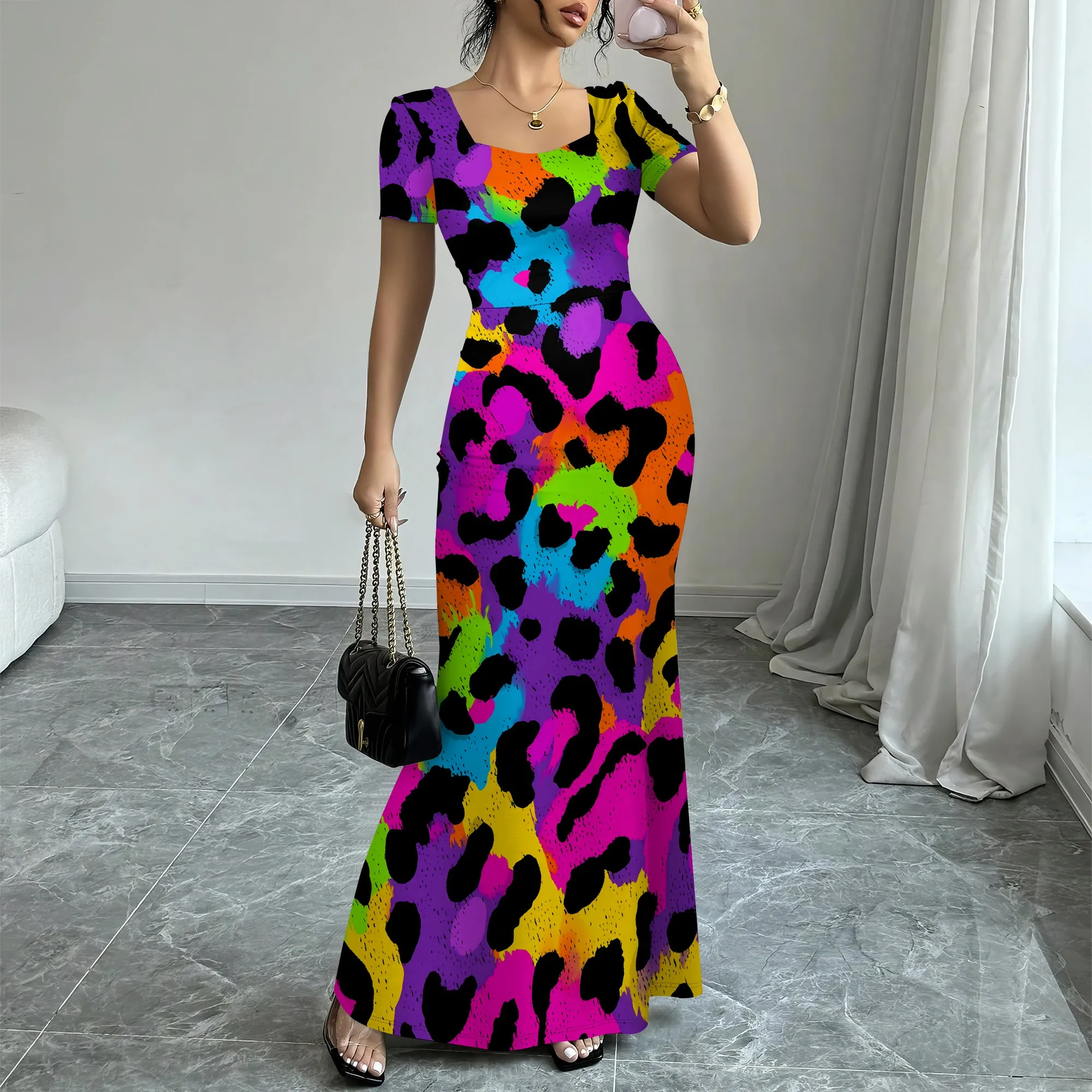 

Nupusa Colorful Leopard Print Dress for Women Standard Size Summer Casual Square Neck Short Sleeve Maxi Dress