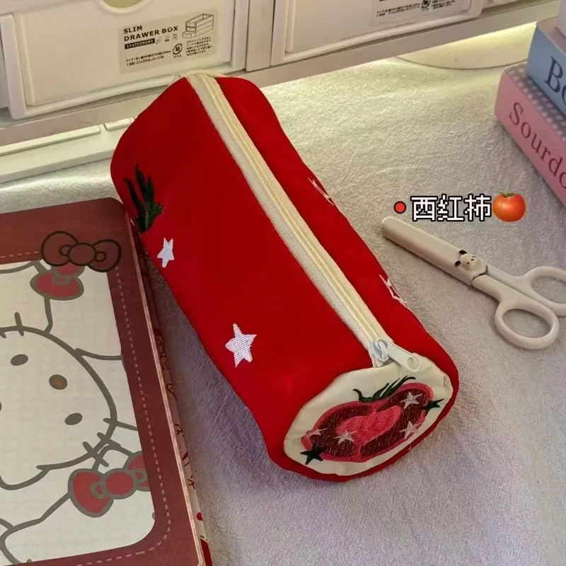 Red Color Jacquard Pencil Case for Kids Girl Boy Fashion Apple Tomato Stationery Organizer Large Capacity Sweet Pencil Pouch