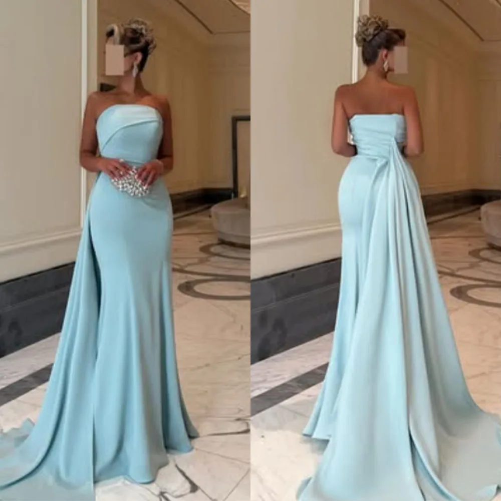 

High Quality Customized Strapless Floor Length Court Train Pleat Sleeveless Blue فساتين للمناسبات الخاصة Evening Gowns Vestidos