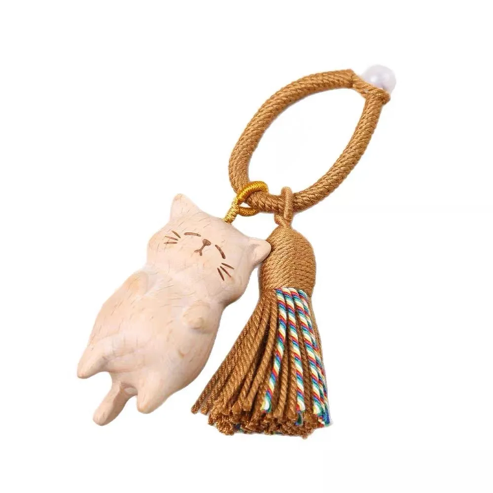 Handmade Wood Carving Cats Bag Charms Keychain Purse Accessories Cute Mini Tassels Pendants Suitable for Bags Backpack