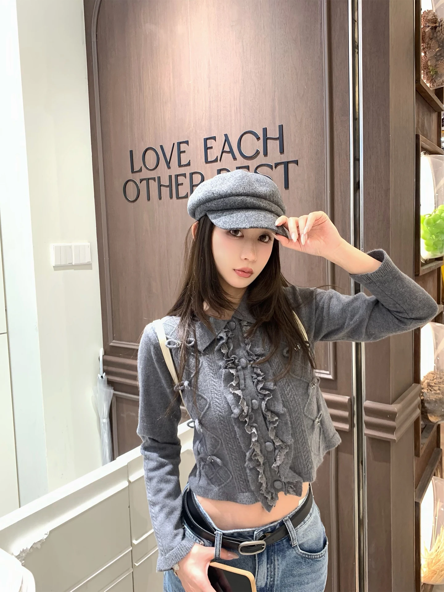 

Sweet Sle ort Length Knot Slim Fit Women's Open Cardigan ey Color Korean High Quali Faionable Top