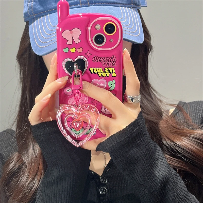 Korea Cute Illustration Pink Heart Pendant 3D Phone Case For iPhone 15 14 13 12 11 Pro XS Max X XR Kawaii Shockproof Soft Cover