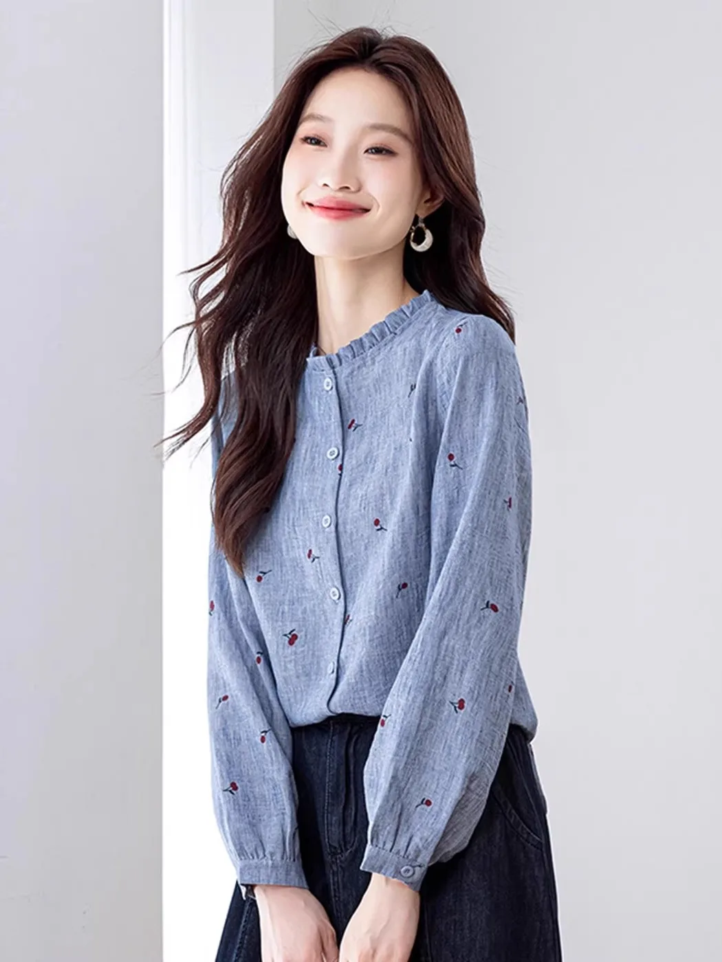 Elegant Long Sleeve Women's Shirt Spring Fashion Thin Ladies' Top Spring Autumn Stylish Printed Polyester Fiber Breathable