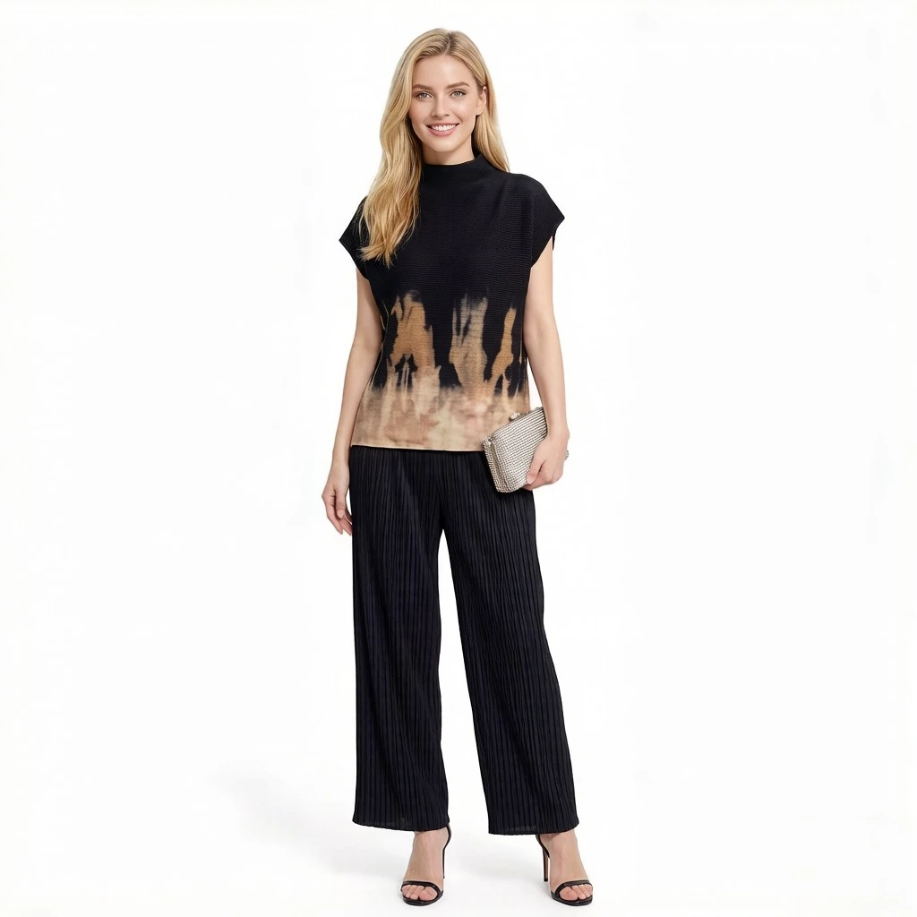 Miyake Pleated Summer New Arrival Design-Forward Niche Print T-Shirt Loose-Fit Short-Sleeve Half-High Neck Print Top for Women