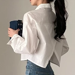 Casual Shirts Women Korean Chic Loose Solid Long Sleeve Crop Tops Female Fashion Elegant Button Split Turn Down Collar Blouse