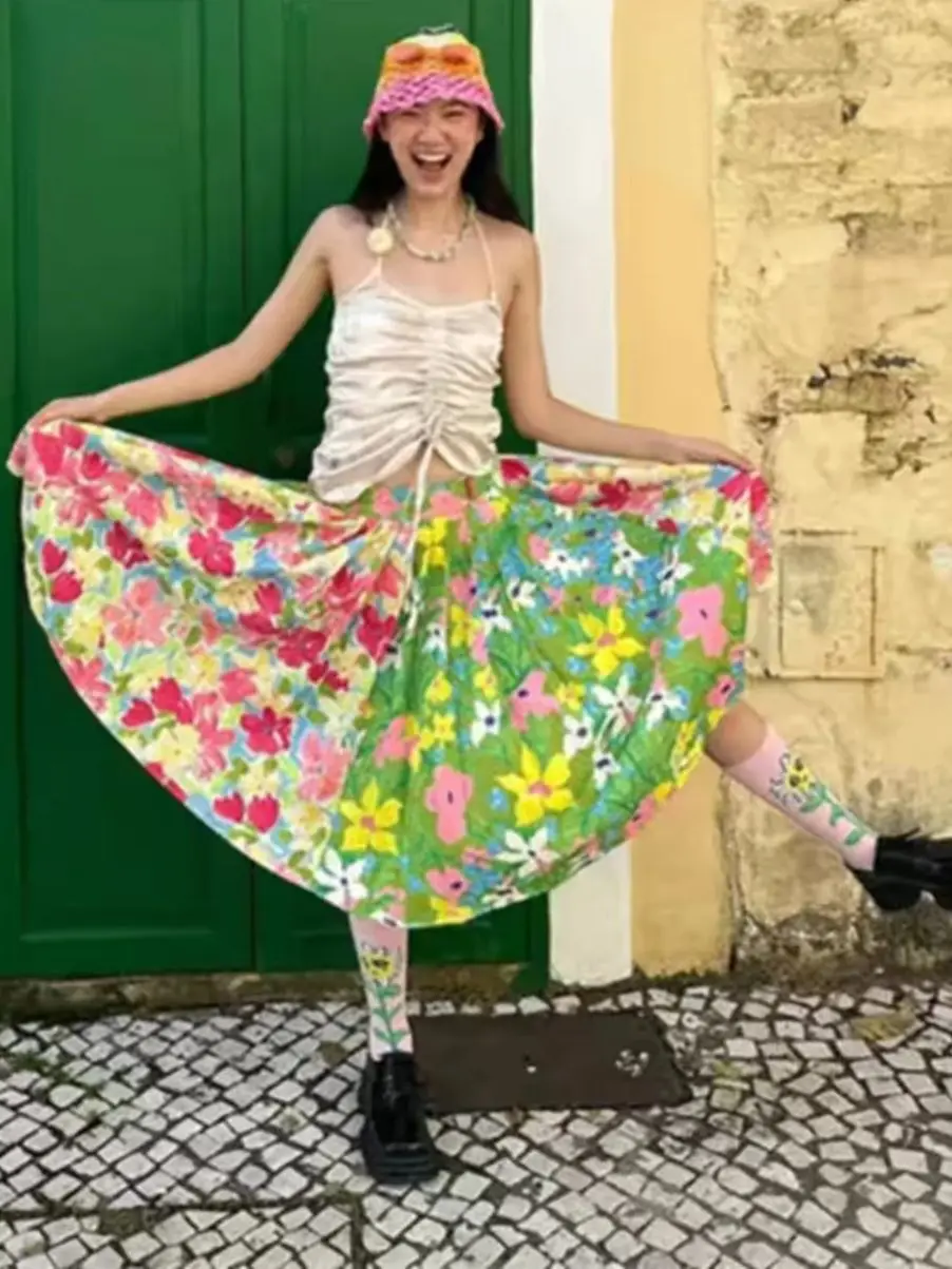 women's skirts 2026 spring summer flowers printed half skirt Japan Style mid-length skirt Female clothing faldas para mujeres