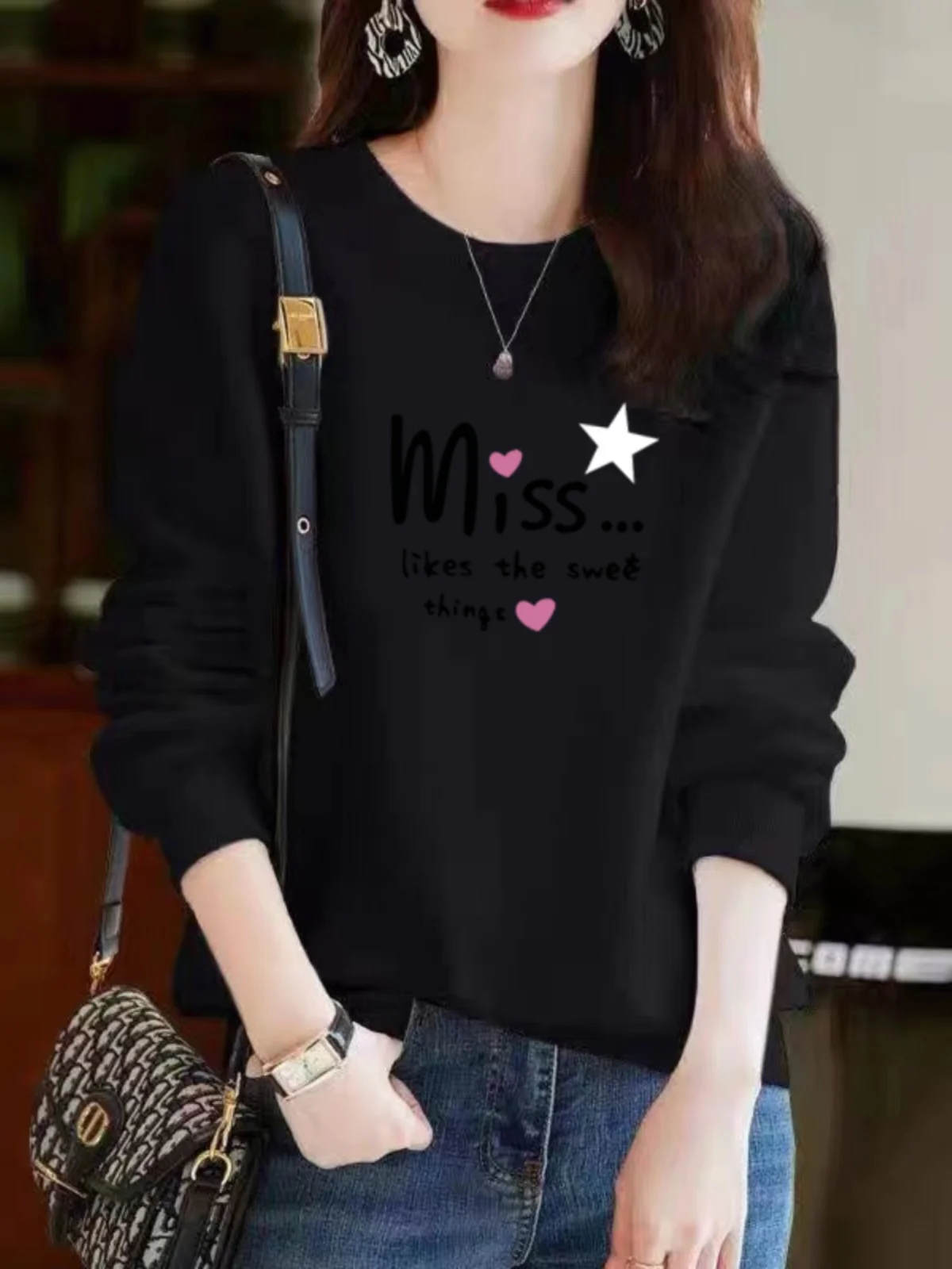 Autumn New Sle Long Sve Pure Cotton Printed Sweatirt Casual Slimming Base Layer irt Comfortable round Ne Commute S...