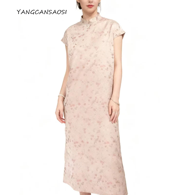 

Women's Fashion Spring Wintersweet Print 100% Natural Mulberry Silk Song Brocade Sleeveless Tank Top Stand Up Collar Dress