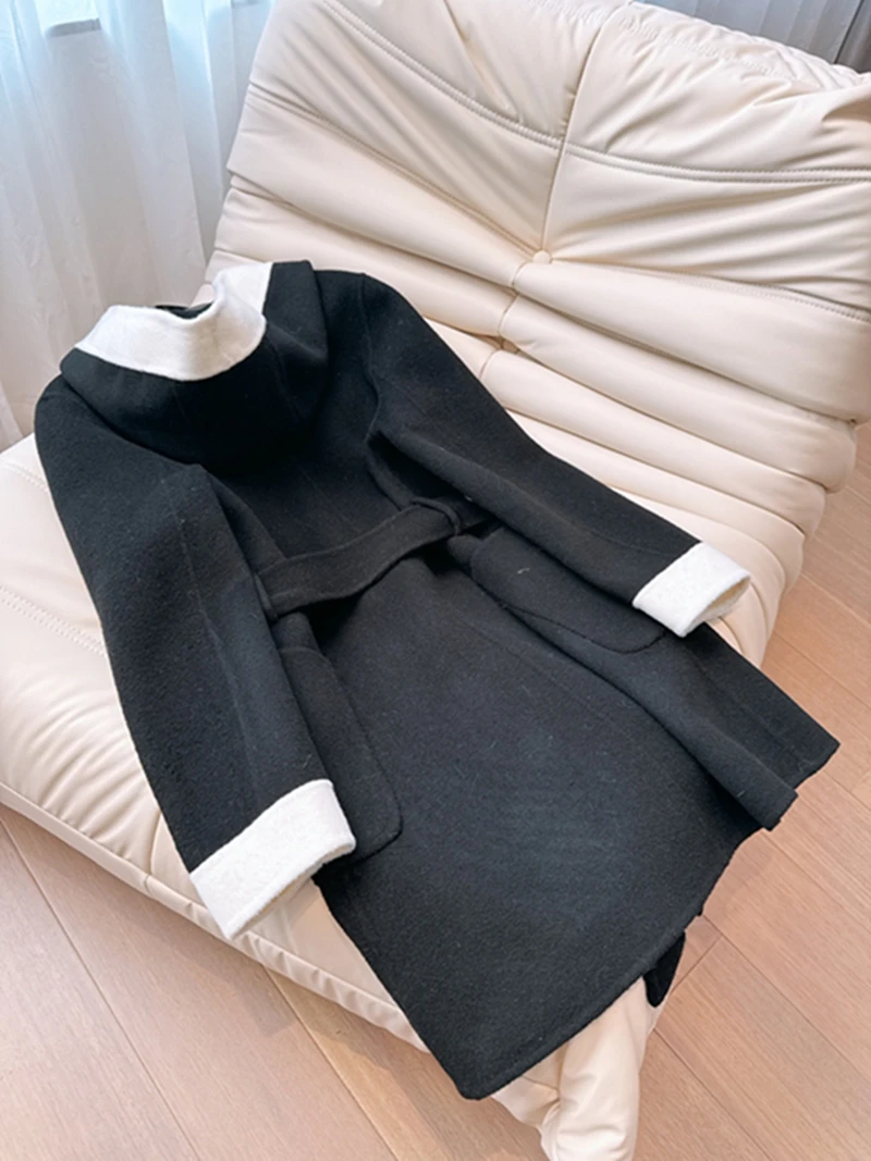 Dwustronny płaszcz wełniany damski, szlafrok, odzież wierzchnia, kolor biały, model Blo 00, długi płaszcz zimowy z wełny, ocieplany.