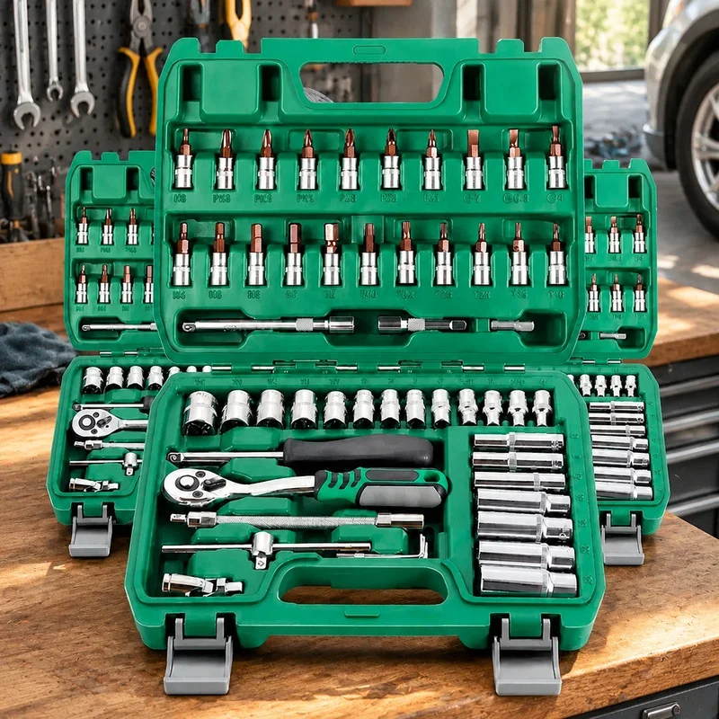 46-Piece Automotive Ratchet and Socket Kit in Green for Vehicle Repair and Maintenance
