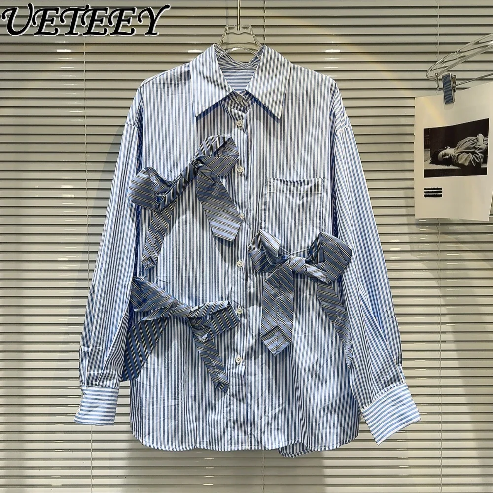 

Spring and Autumn New Niche Personality Long-Sleeved Shirt Bow Bandage Vertical Stripes Blouse Loose Casual Tops for Women