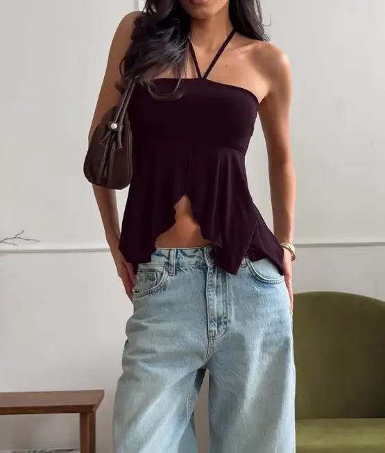 

Summer New Fashion Trend Y2K Sexy Retro Style Solid Color Pleated Slit Design Strapless Backless Lace Up Neck Hanging Vest Top