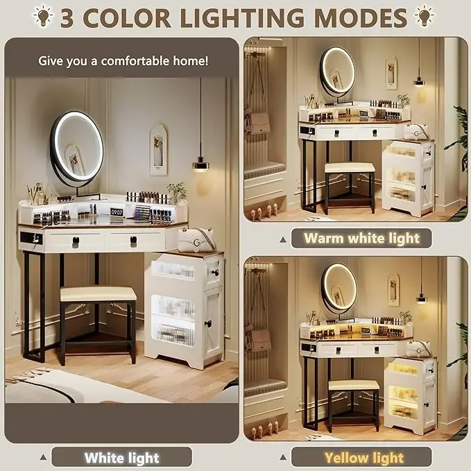 Corner Vanity with Mirror and Lights,Modern Makeup Vanity Set with Charging Station for Bedroom/Cloakroom White